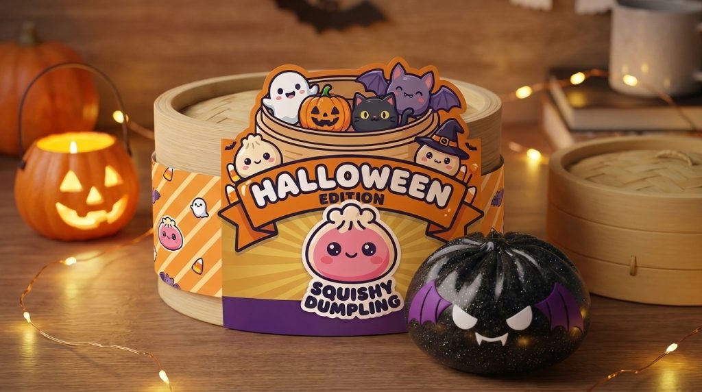 Squishy Dumpling Bat Halloween Glitter Zwart in zijn kawaii omgeving