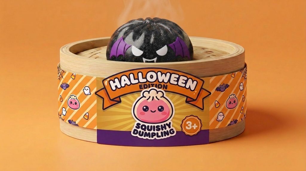 Squishy Dumpling Bat Halloween Glitter Zwart in het bamboe stoommandje