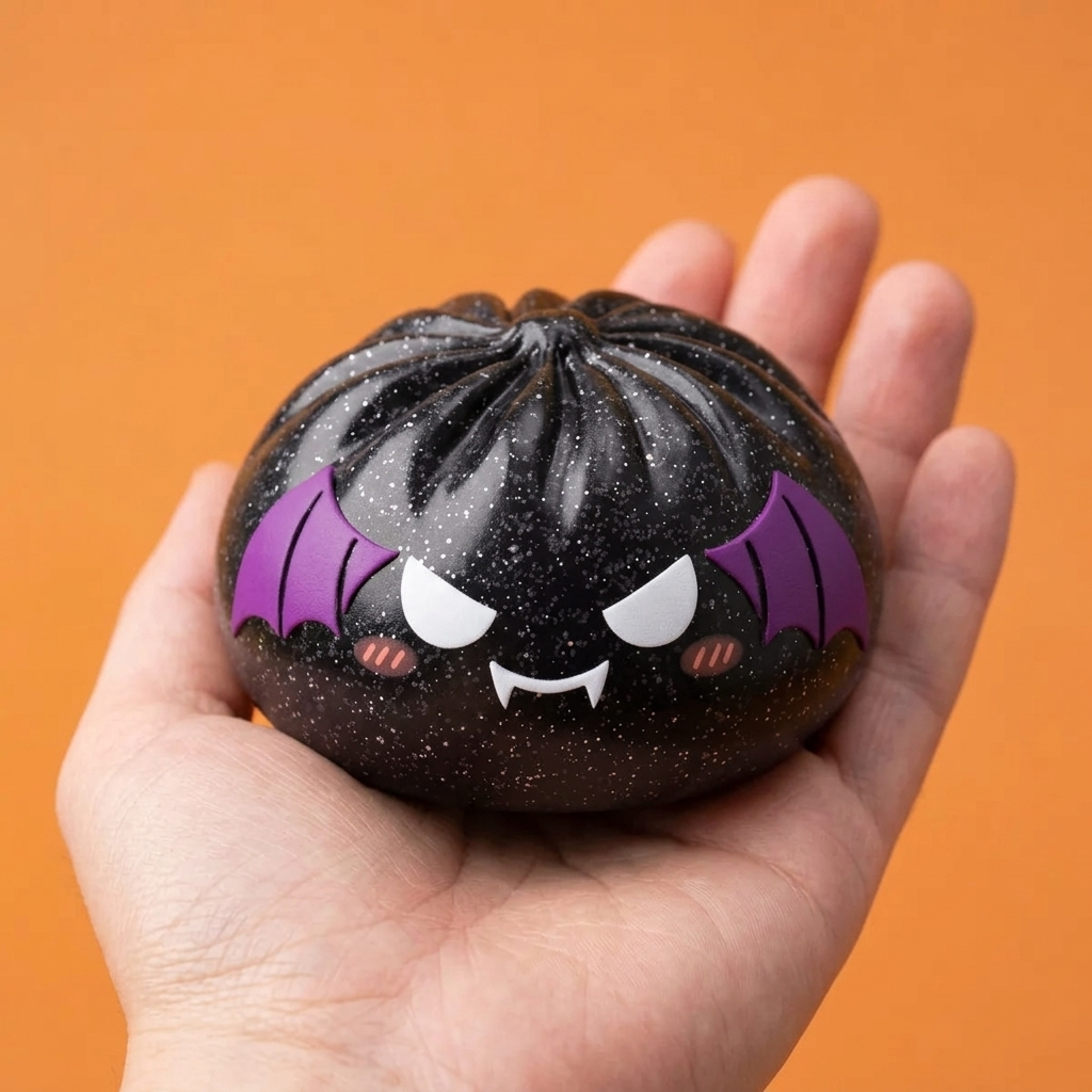 Squishy Dumpling Bat Halloween Glitter Zwart in de hand gehouden, echte grootte