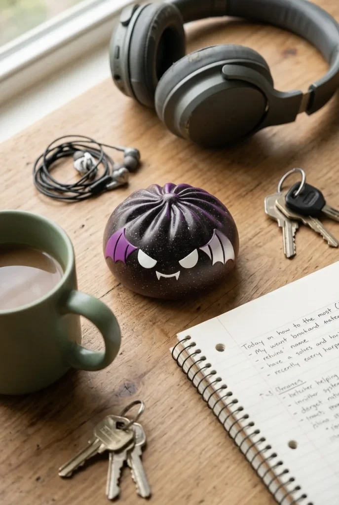 Squishy Dumpling Bat Halloween Glitter Zwart op het bureau