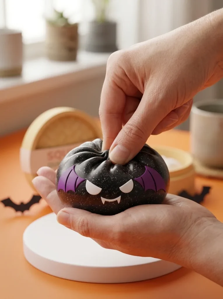 Squishy Dumpling Bat Halloween Glitter Zwart tijdens het knijpen