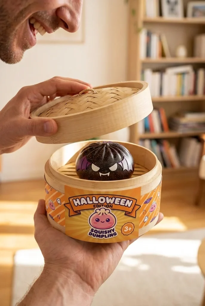 Squishy Dumpling Bat Halloween Glitter Zwart tijdens het uitpakken