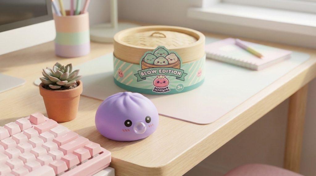 Big Dumpling Squishy Oceaanblauw in zijn kawaii omgeving
