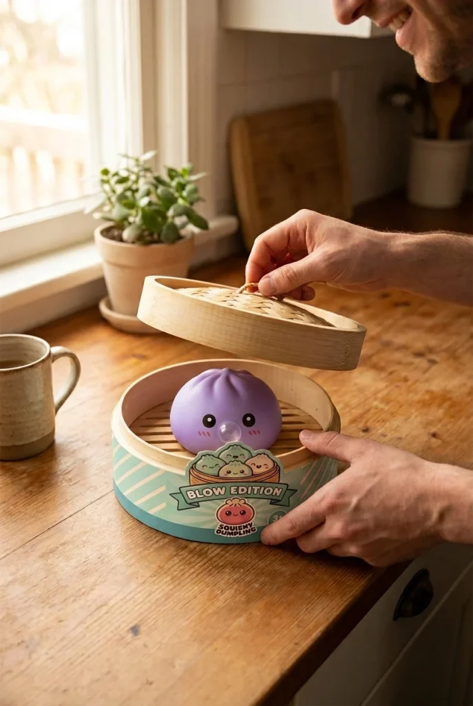 Big Dumpling Squishy Oceaanblauw tijdens het uitpakken