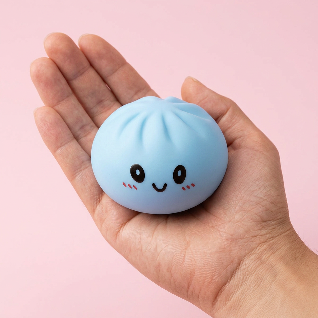 Dumpling Squishy Blauw Oceaan in de hand gehouden, echte grootte