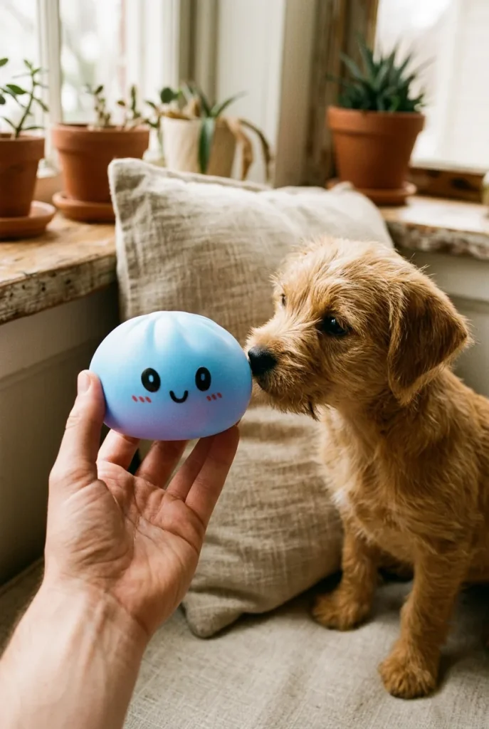 Dumpling Squishy Blauw Oceaan met een knuffel