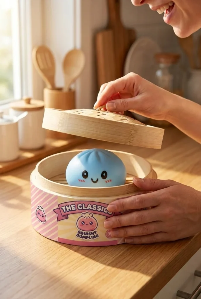 Dumpling Squishy Blauw Oceaan tijdens het uitpakken