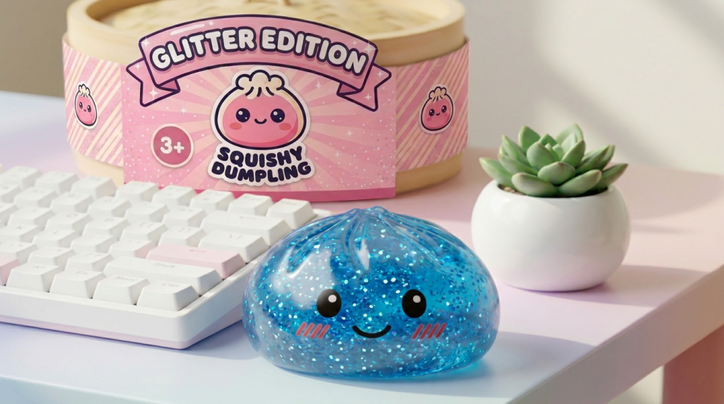 Glitter Dumpling Squishy Kalmerend Blauw in zijn kawaii omgeving
