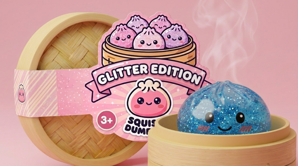 Glitter Dumpling Squishy Kalmerend Blauw in het bamboe stoommandje