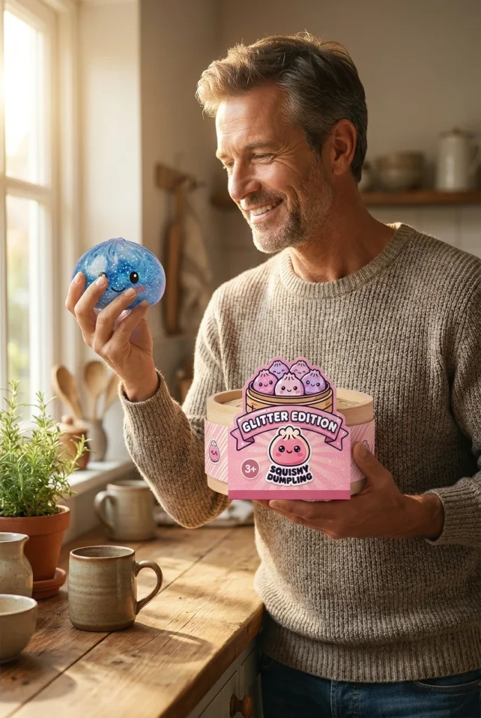 Glitter Dumpling Squishy Kalmerend Blauw met zijn doos