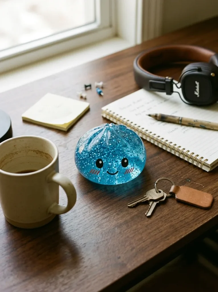 Glitter Dumpling Squishy Kalmerend Blauw op het bureau