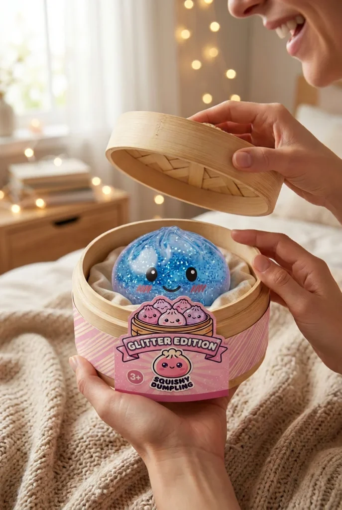 Glitter Dumpling Squishy Kalmerend Blauw tijdens het uitpakken
