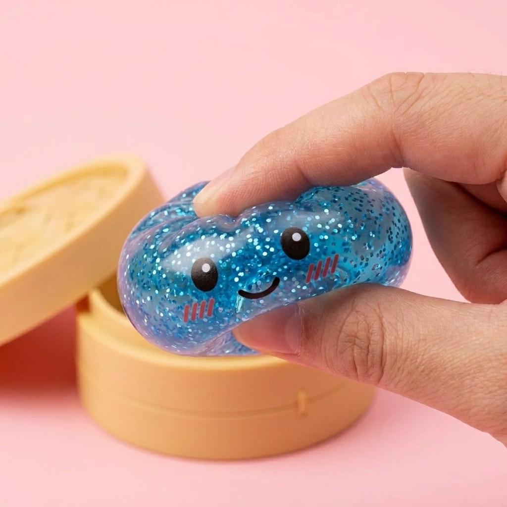 Glitter Dumpling Squishy Kalmerend Blauw — slow-rise effect, het schuim vert langzaam terug