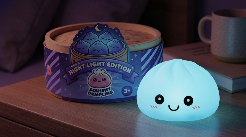 Dumpling Squishy Nachtlampje Blauw Aurora in zijn kawaii omgeving