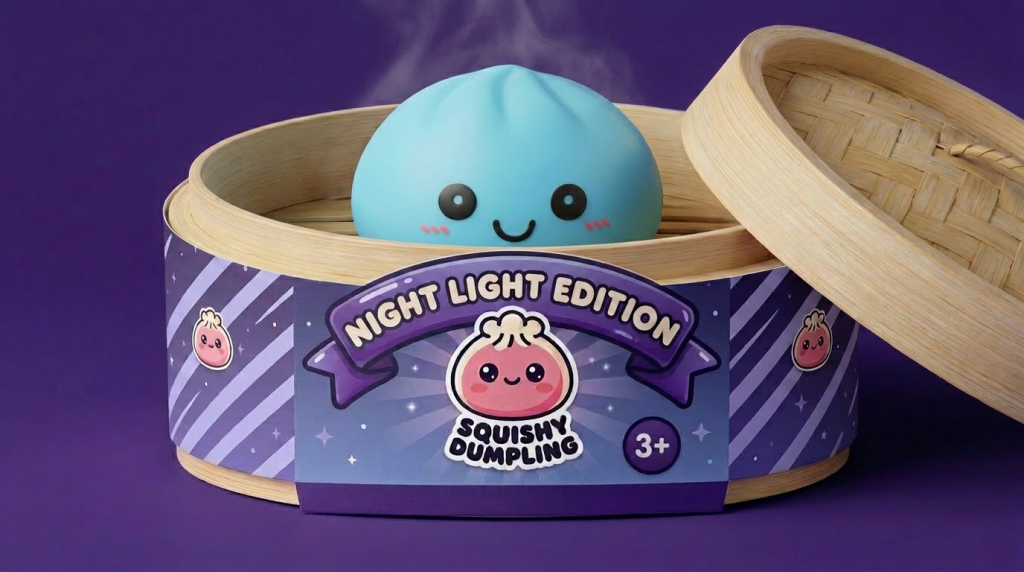 Dumpling Squishy Nachtlampje Blauw Aurora in het bamboe stoommandje