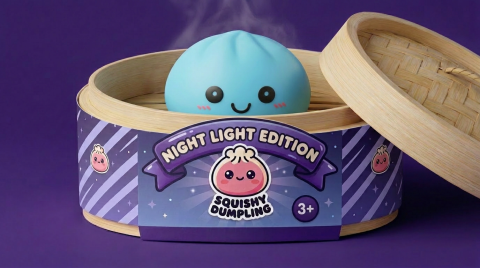Dumpling Squishy Nachtlampje Blauw Aurora in het bamboe stoommandje