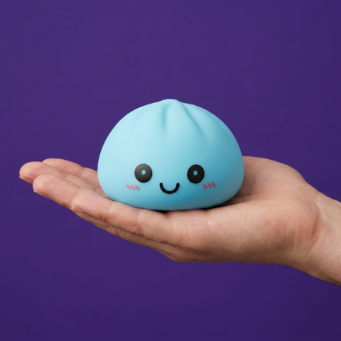 Dumpling Squishy Nachtlampje Blauw Aurora in de hand gehouden, echte grootte