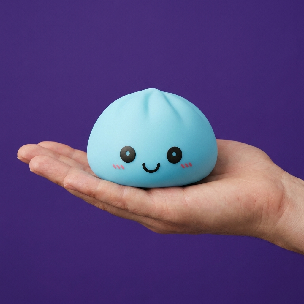 Dumpling Squishy Nachtlampje Blauw Aurora in de hand gehouden, echte grootte