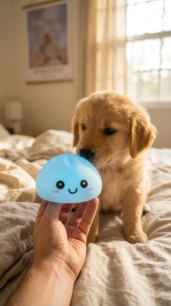 Dumpling Squishy Nachtlampje Blauw Aurora met een knuffel