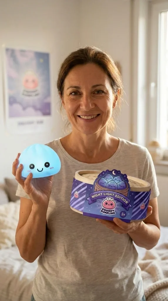 Dumpling Squishy Nachtlampje Blauw Aurora met zijn doos