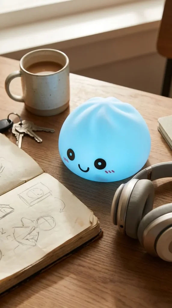 Dumpling Squishy Nachtlampje Blauw Aurora op het bureau