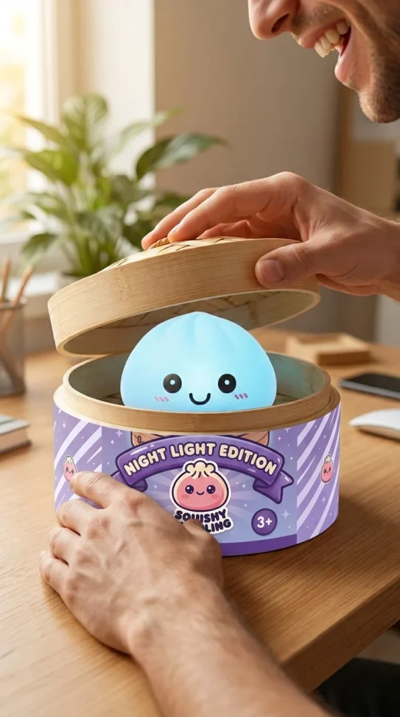 Dumpling Squishy Nachtlampje Blauw Aurora tijdens het uitpakken