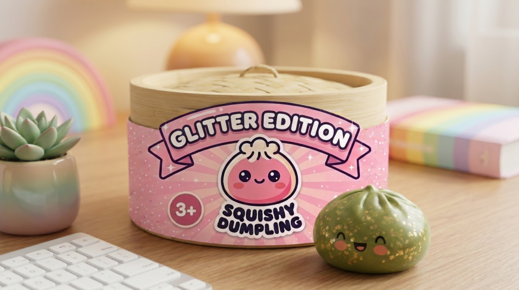 Dumpling Squishy Glitter Smaragdgroen in zijn kawaii omgeving