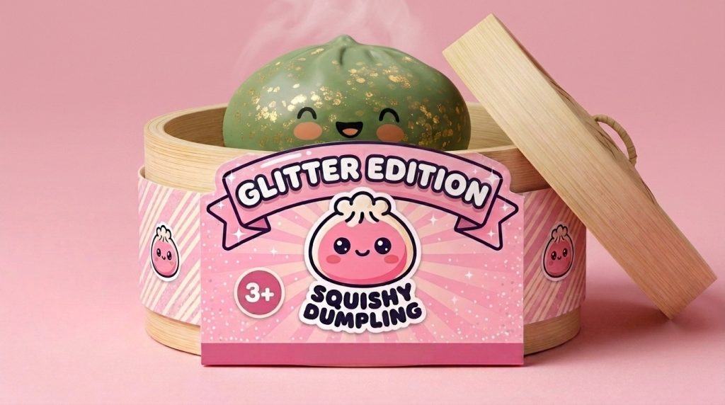 Dumpling Squishy Glitter Smaragdgroen in het bamboe stoommandje