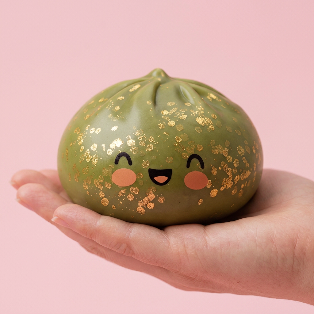 Dumpling Squishy Glitter Smaragdgroen in de hand gehouden, echte grootte
