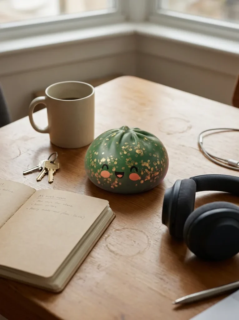 Dumpling Squishy Glitter Smaragdgroen op het bureau