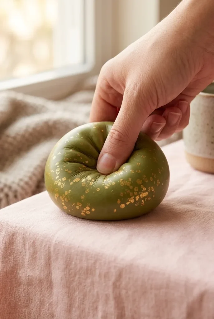 Dumpling Squishy Glitter Smaragdgroen tijdens het knijpen
