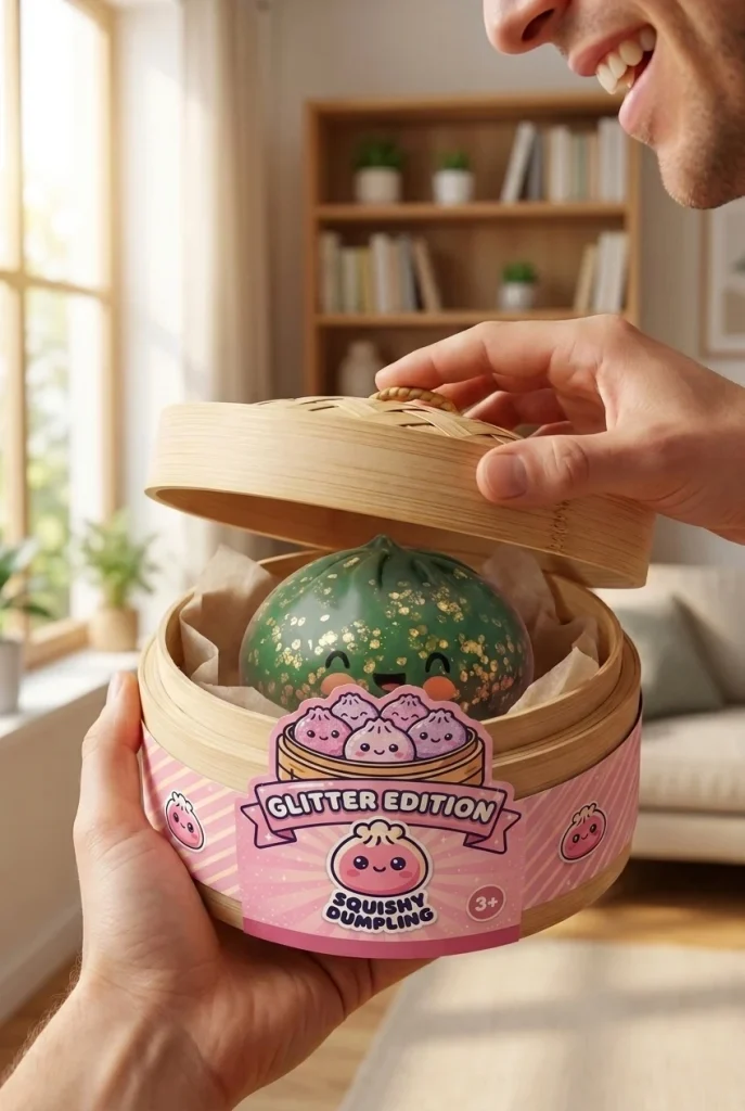 Dumpling Squishy Glitter Smaragdgroen tijdens het uitpakken