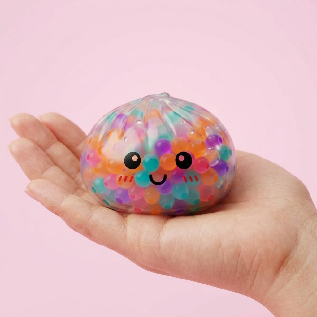 Squishy Dumpling Multicolor Zachte Bubbels in de hand gehouden, echte grootte