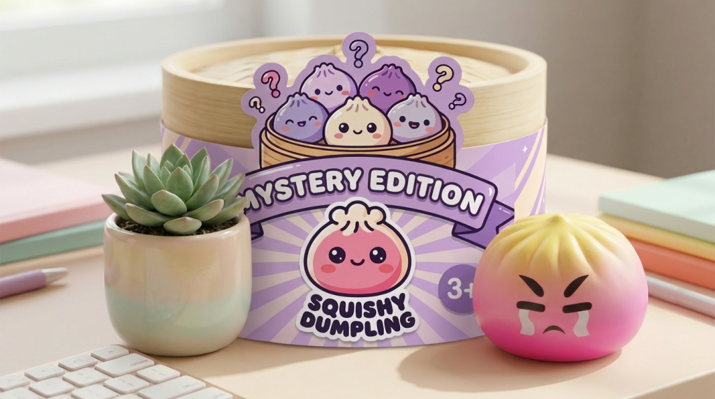 Dumpling Squishy Mystery Bun Verrassing in zijn kawaii omgeving