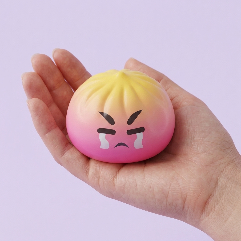 Dumpling Squishy Mystery Bun Verrassing in de hand gehouden, echte grootte