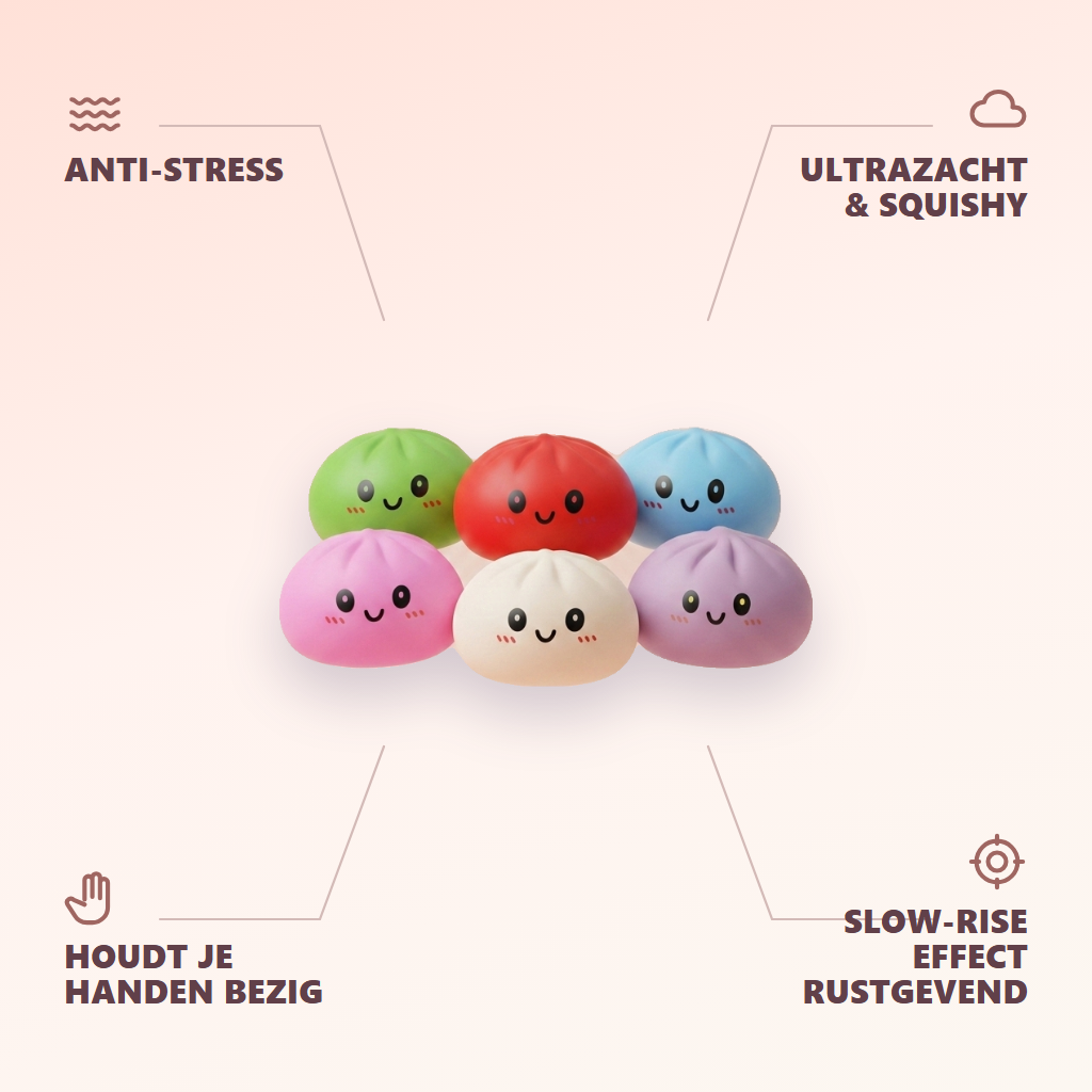 Dumpling Squishy Collection – Set van 6 Kleuren — zijn voordelen