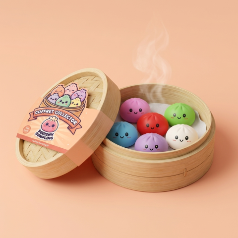 Dumpling Squishy Collection – Set van 6 Kleuren in het bamboe stoommandje