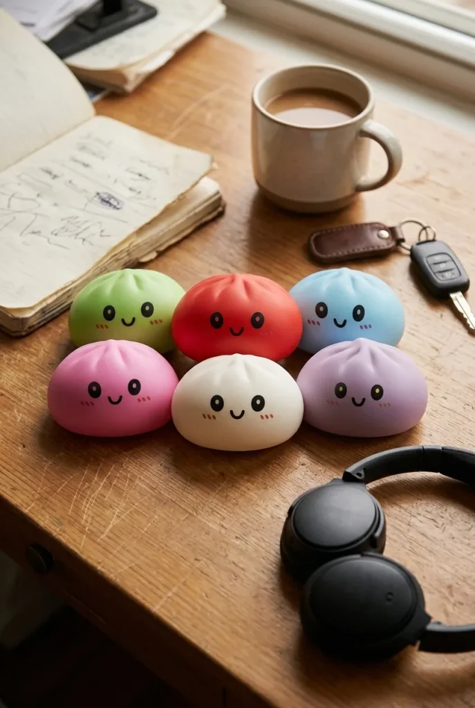 Dumpling Squishy Collection – Set van 6 Kleuren op het bureau