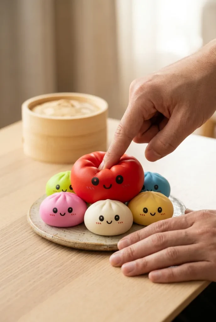 Dumpling Squishy Collection – Set van 6 Kleuren tijdens het knijpen