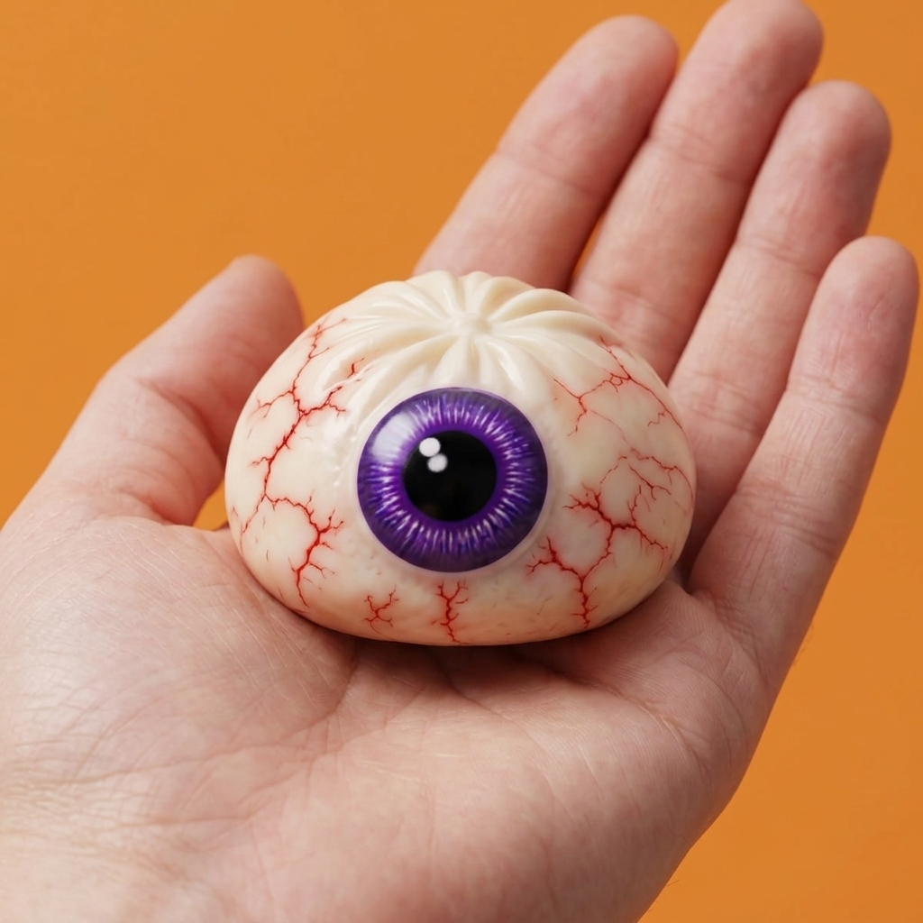 Dumpling Squishy Eye Halloween Griezelig in de hand gehouden, echte grootte