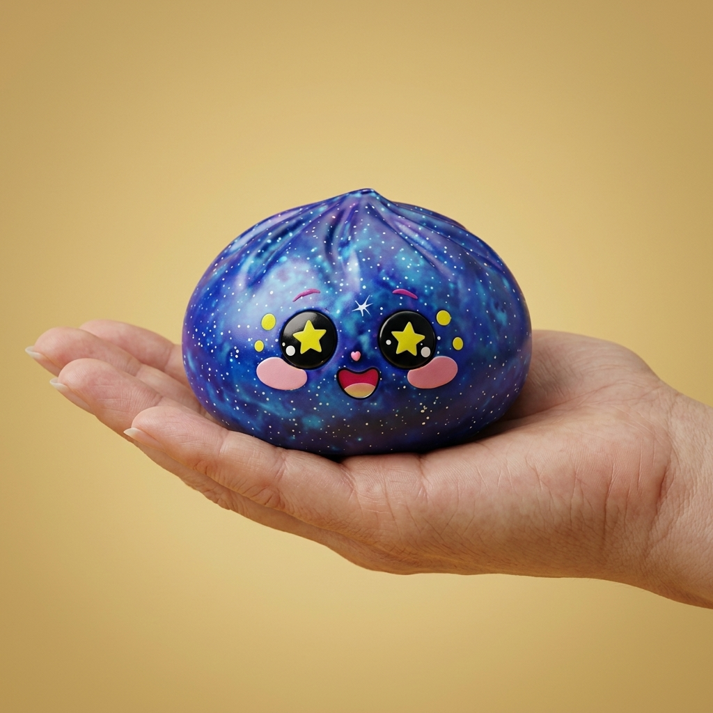 Galaxy Dumpling Squishy Kosmische Glitter in de hand gehouden, echte grootte