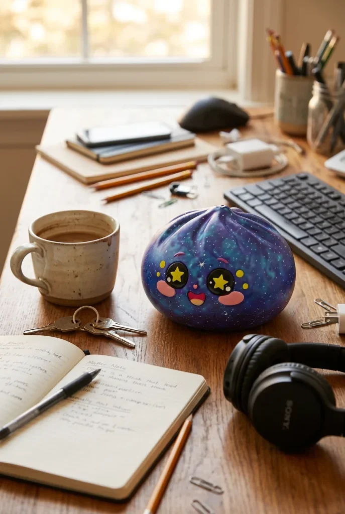 Galaxy Dumpling Squishy Kosmische Glitter op het bureau