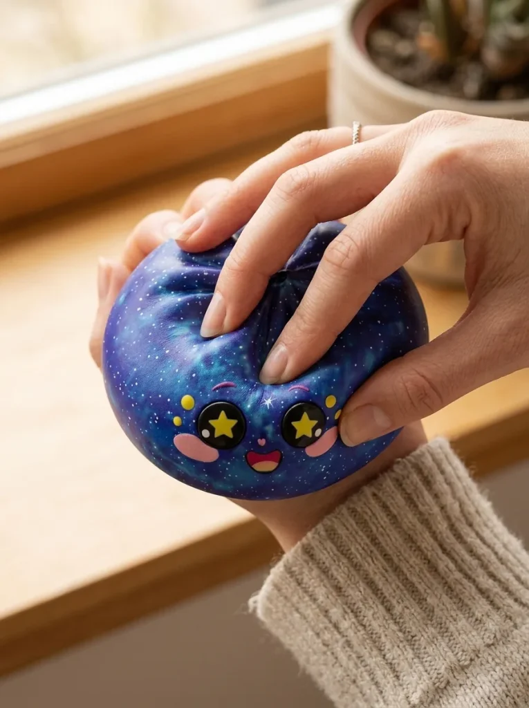 Galaxy Dumpling Squishy Kosmische Glitter tijdens het knijpen