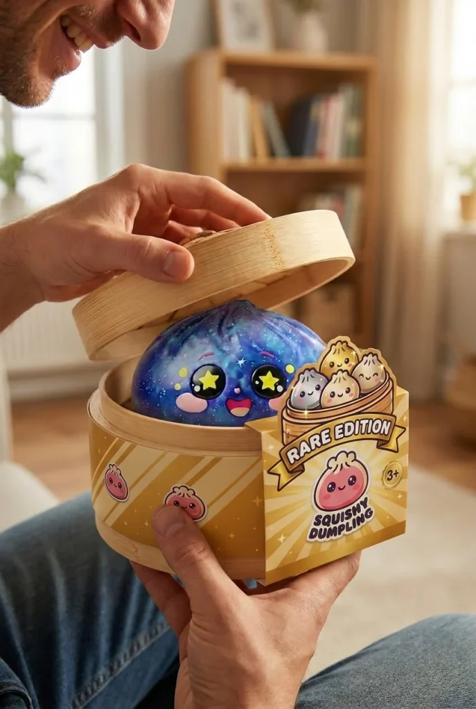Galaxy Dumpling Squishy Kosmische Glitter tijdens het uitpakken