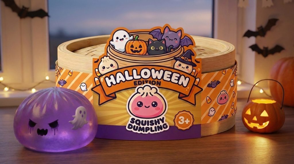 Ghost Dumpling Squishy Boo in zijn kawaii omgeving
