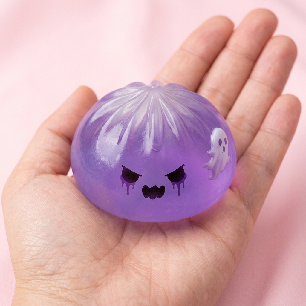 Ghost Dumpling Squishy Boo in de hand gehouden, echte grootte