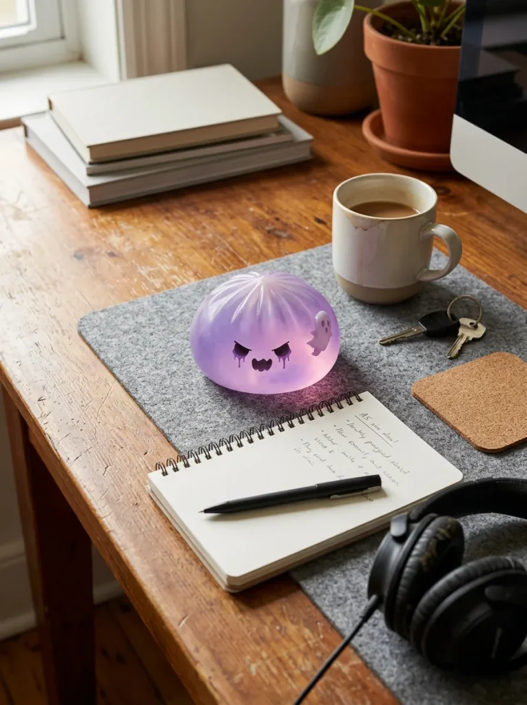 Ghost Dumpling Squishy Boo op het bureau