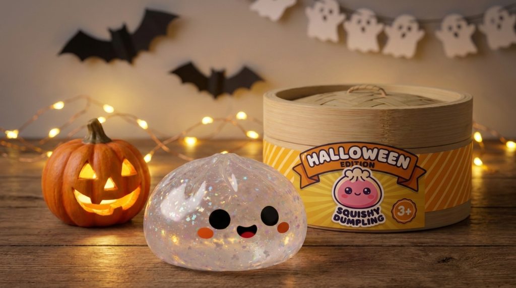 Dumpling Squishy Spook Halloween Glitter Zilver in zijn kawaii omgeving
