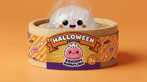 Dumpling Squishy Spook Halloween Glitter Zilver in het bamboe stoommandje