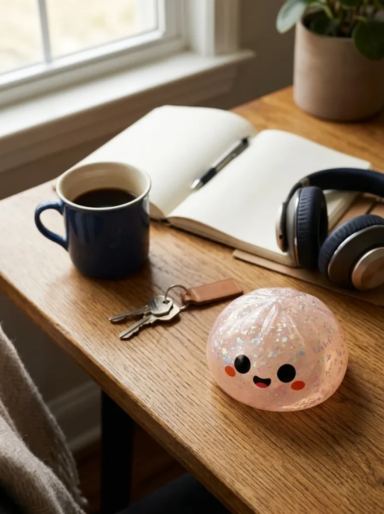 Dumpling Squishy Spook Halloween Glitter Zilver op het bureau